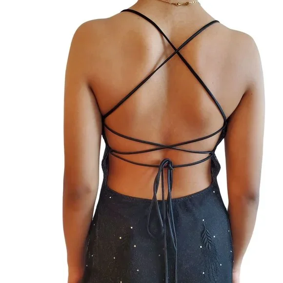 90s/Y2K Vintage Black Lace Up Back Maxi Dress - Picture 3 of 13